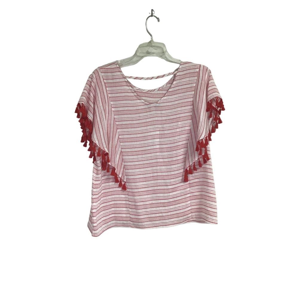 Joy Joy Red and White‎ Striped Tassel Shirt Women's Large Holiday  NWT